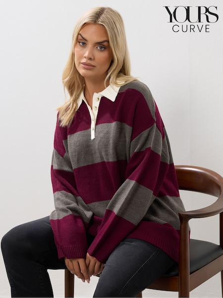 Yours Curve Red Rugby Collar Wide Stripe Jumper (Y04947) | 153 QAR