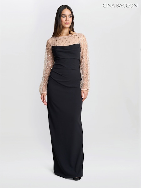 Gina Bacconi Arielle Embellished Mesh Sleeve Black Dress (Y05196) | €529