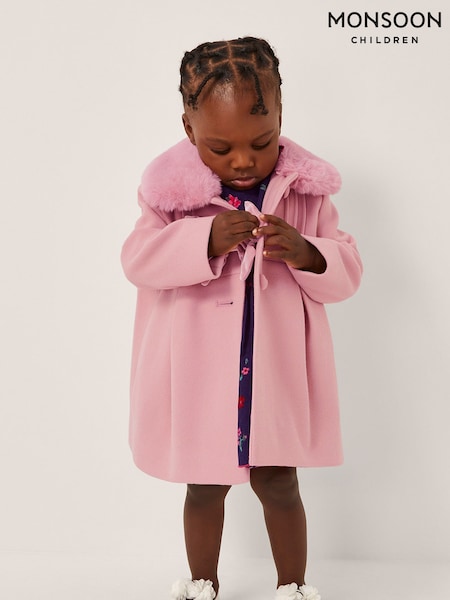 Monsoon Pink Baby Faux Fur Collar Bow Coat (Y05388) | AED369 - AED398