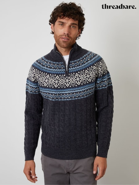 Threadbare Blue Fairisle Cable Knit Quarter Zip Jumper (Y06330) | €33