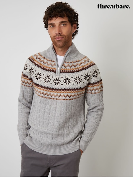 Threadbare Grey Fairisle Cable Knit Quarter Zip Jumper (Y06362) | 154 QAR