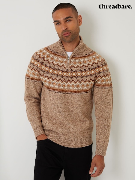 Threadbare Brown Fairisle Knitted Quarter Zip Jumper (Y06385) | €44
