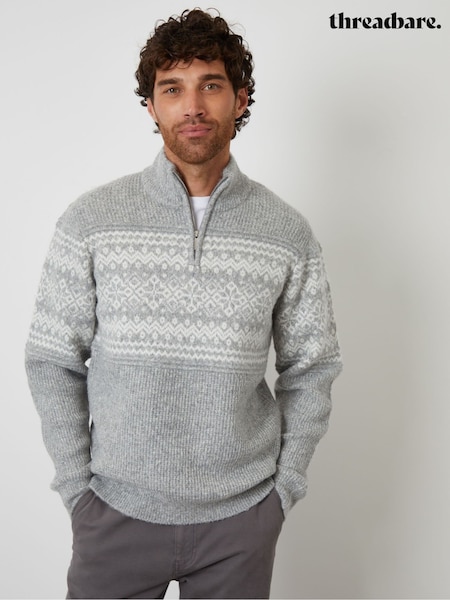 Threadbare Grey Textured Knitted Fairisle Quarter Zip Jumper (Y06391) | €44