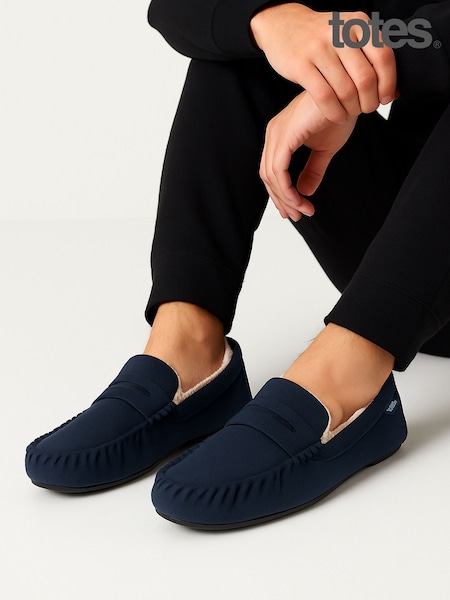 Totes Blue Toasties Mens Suedette Moccasin Slippers With Faux Fur Lining (Y06422) | €40