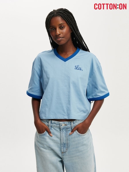 Cotton On Blue V-Neck Boxy Crop Graphic T-Shirt (Y06656) | €24