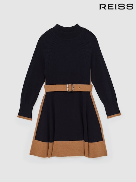 Reiss Navy Margaret Wool-Blend Belted Knitted Dress with Cashmere (Y06893) | €131
