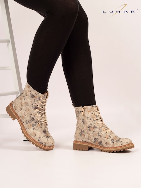 Lunar Cream Dazzle Floral Lace-Up Ankle Boots (Y07017) | R$ 495