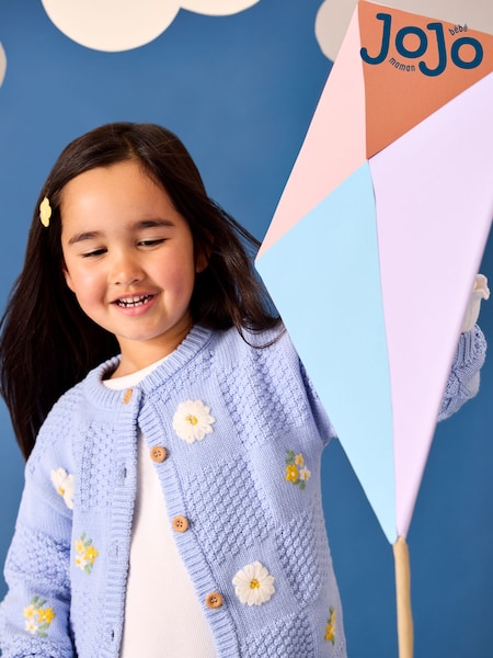 JoJo Maman Bébé Mid Blue Embroidered Checkerboard Knit Cardigan (Y07386) | kr440 - kr487