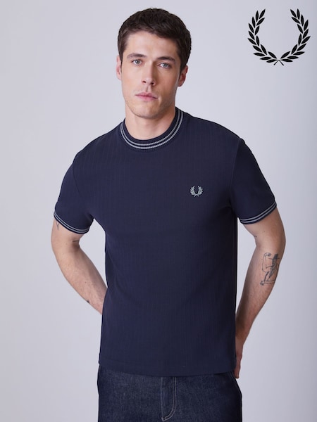 Fred Perry Blue Ribbed Knitted T-Shirt (Y07646) | OMR44