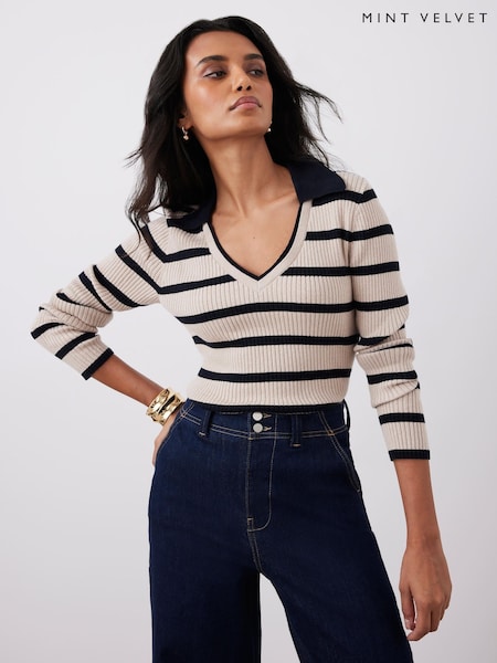 Mint Velvet Cotton Blend Striped Ribbed Top (Y07673) | 560 zł