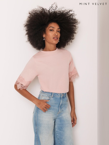 Mint Velvet Pink Cotton Lace Trim T-Shirt (Y07678) | 223 QAR