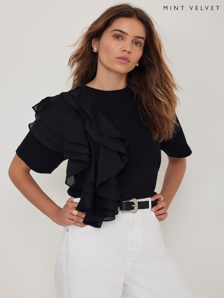 Mint Velvet Black Cotton Frill T-Shirt (Y07679) | 272 QAR