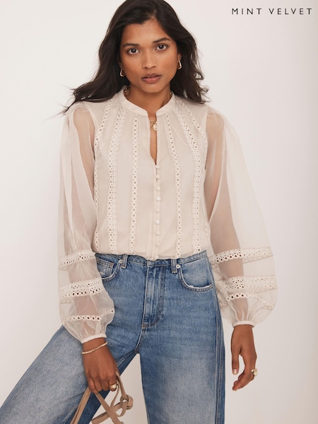 Mint Velvet Natural Sheer Trim Detail Blouse (Y07697) | €131