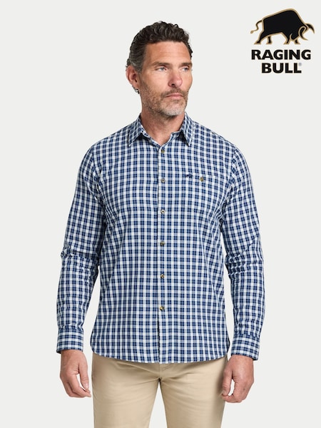 Raging Bull Blue Long Sleeve Mod Check Brushed Cotton Twill Shirt (Y07723) | €106 - €120