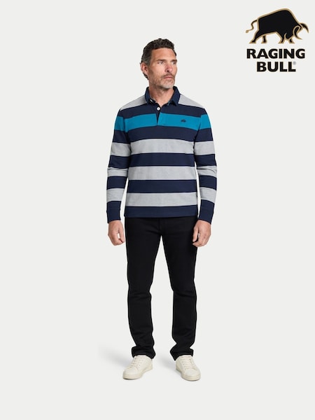 Raging Bull Blue Long Sleeve Contrast Chest Stripe Rugby Shirt (Y07725) | €99 - €106