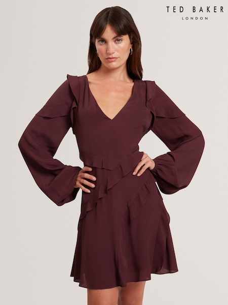 Ted Baker Red Neira Long Sleeve Frill Detail Mini Dress (Y07803) | R$ 1.765