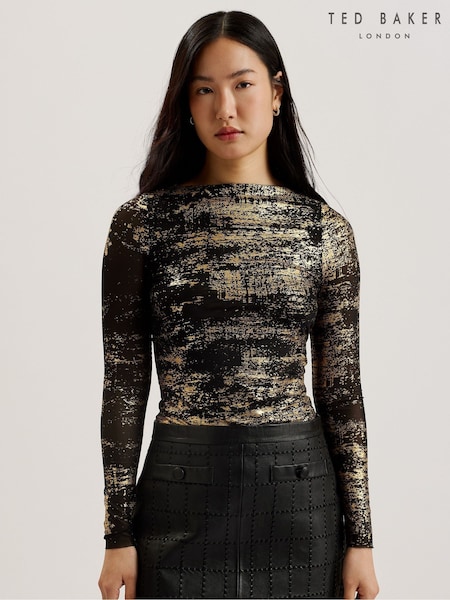 Ted Baker Black Karenha Foil Printed Skinny Fit Mesh Top (Y07816) | €78