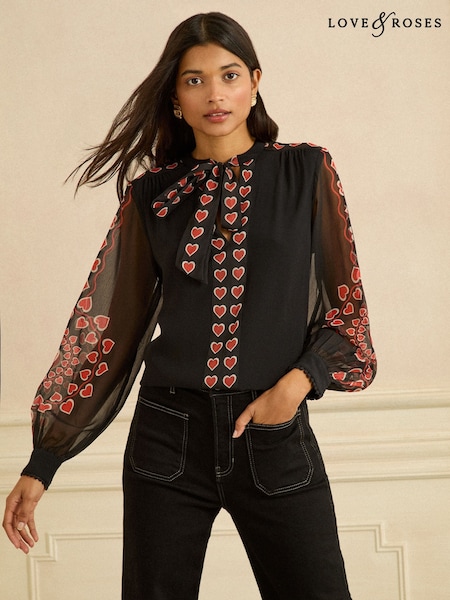 Love & Roses Black Red Heart Long Sleeve Pussybow Blouse (Y07935) | € 61