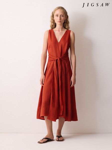 Jigsaw Orange Linen Tie Front Dress (Y08128) | $356
