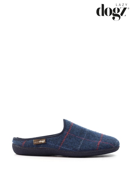 Lazy Dogz Blue Farrell Check Print Slip On Slippers (Y08225) | €40