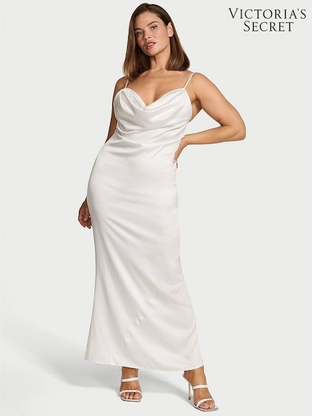 Victoria's Secret Coconut White Satin Sparkle Draped Maxi Slip Dress (Y08409) | €149