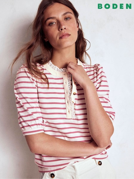 Boden Pink Puff Sleeve Henley T-Shirt (Y08797) | €86