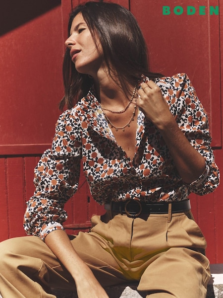 Boden Brown Helena Ruffle Neck Cotton Blouse (Y08924) | €123