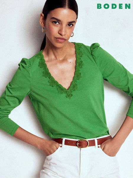 Boden Green Flora Lace V-Neck Top (Y08927) | 193 QAR