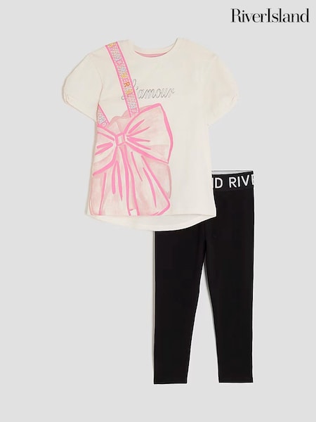 River Island Cream Lamour Bow Bag T-Shirt & Leggings Set (Y09055) | €23