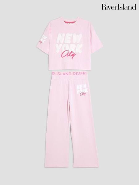 River Island Pink New York Graphic Crop T-Shirt & Wide Leg Joggers Set (Y09056) | 119 QAR