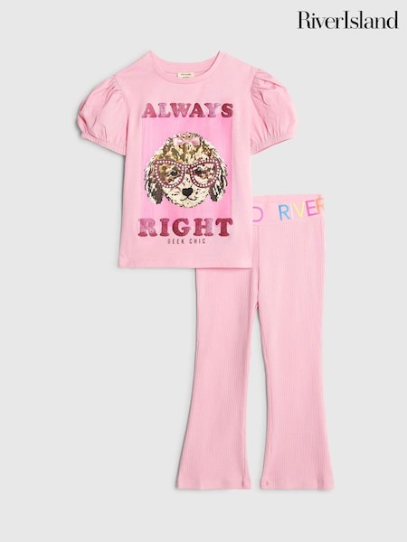River Island Pink Always Right Dog T-Shirt & Rainbow Waistband Kickflare Leggings Set (Y09058) | €20
