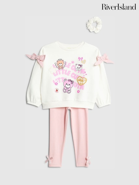 River Island Cream Little Cutie Sweat Shirt & Leggings 3 Piece Set (Y09061) | €41