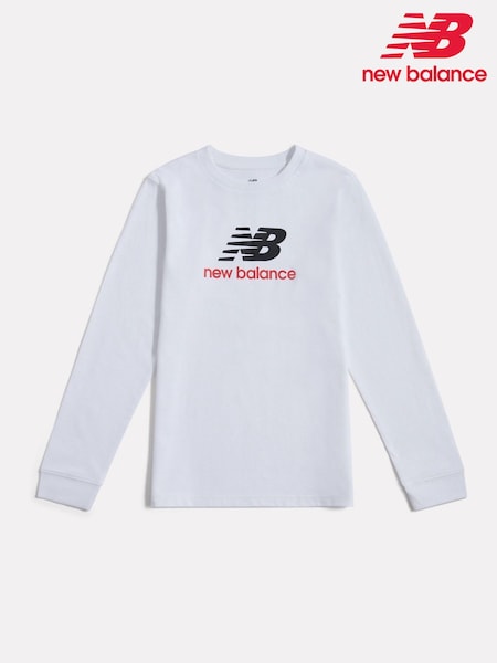 New Balance White Jersey Stacked Logo Long Sleeve T-Shirt (Y09232) | 99 QAR - 119 QAR