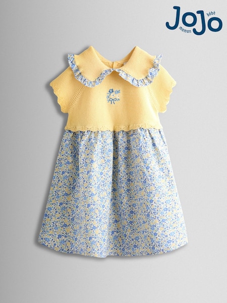 JoJo Maman Bébé Yellow Floral Embroidered Frill Collar Knitted Combo Dress (Y09455) | AED205 - AED243