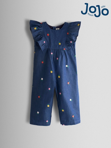 JoJo Maman Bébé Chambray Blue Embroidered Frill Sleeve Jumpsuit (Y09468) | AED157 - AED175