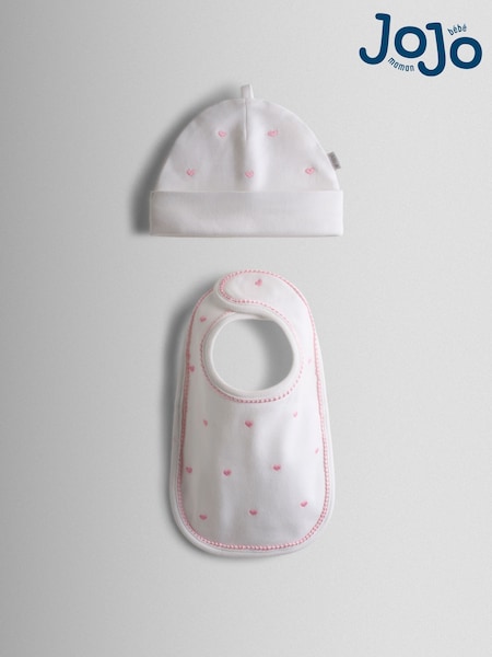 JoJo Maman Bébé Pink Heart Embroidered Hat and Bib Set (Y09484) | AED70