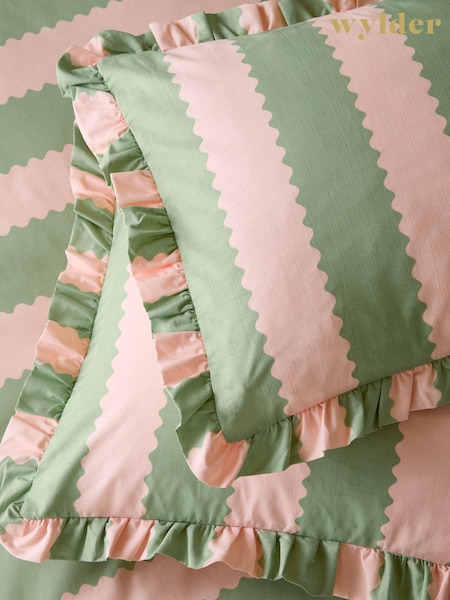 Wylder PinkGreen Birdie Stripe Ruffle Pillowcases Pair (Y09549) | 4,820 ISK