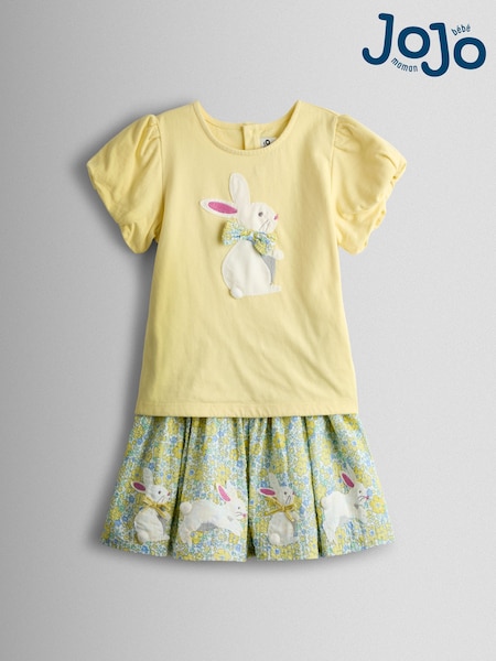 JoJo Maman Bébé Yellow Bunny Appliqué T-shirt & Seersucker Skirt Set (Y09679) | AED175 - AED210