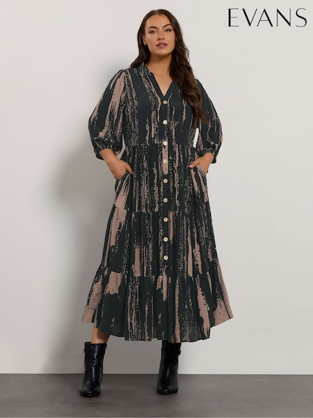 Evans All Over Print Smudge Tiered Black Dress (Y09767) | €67