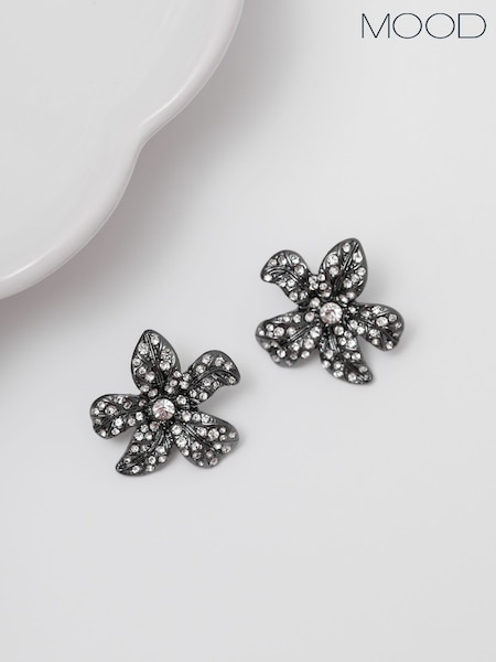 Mood Black Crystal Floral Statement Stud Earrings (Y09808) | € 27