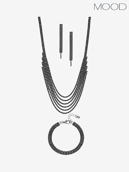 Mood Black Jet Crystal Multirow 3 Piece Jewellery Set (Y10102) | AED116