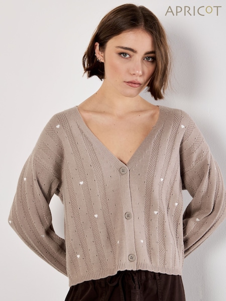 Apricot Brown Embroider Heart Pointelle Cardigan (Y10315) | €47