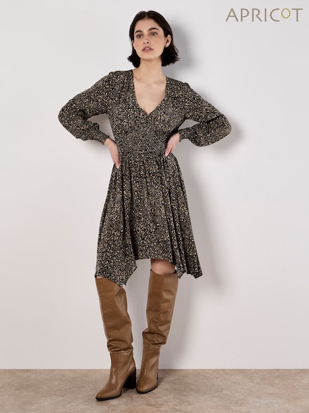 Apricot Green Leopard Smock Waist Hanky Hem Dress (Y10318) | €59