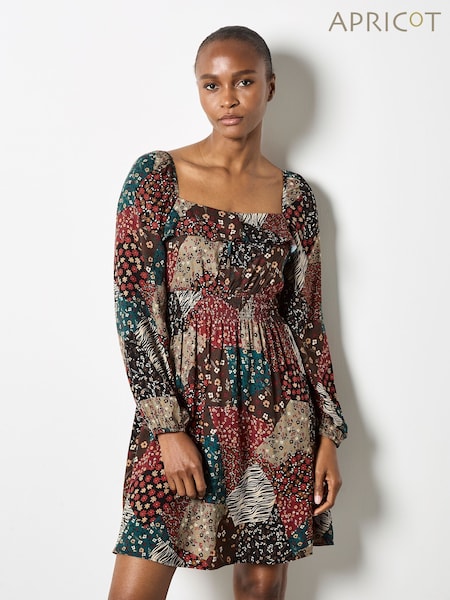 Apricot Brown Milkmaid Patchwork Mini Dress (Y10330) | SGD 77