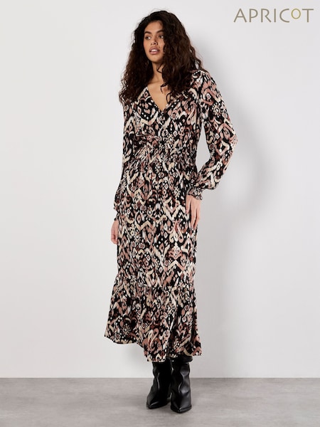 Apricot Black Tonal Ikat Button Midaxi Dress (Y10331) | €63