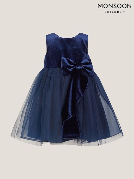 Monsoon Blue Baby Velvet Bow Party Dress (Y10336) | AED355 - AED391