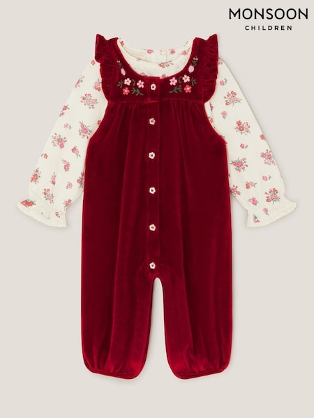 Monsoon Red Newborn Floral Top & Velour Dungarees Set (Y10521) | €40