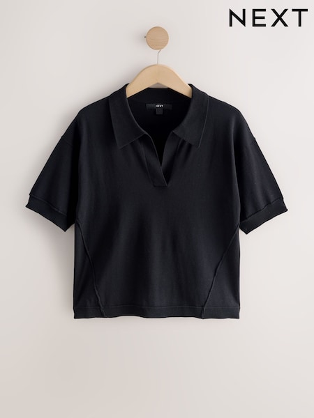 Black Cotton Rich Soft Touch Knitted Polo Top (Y11006) | AED80
