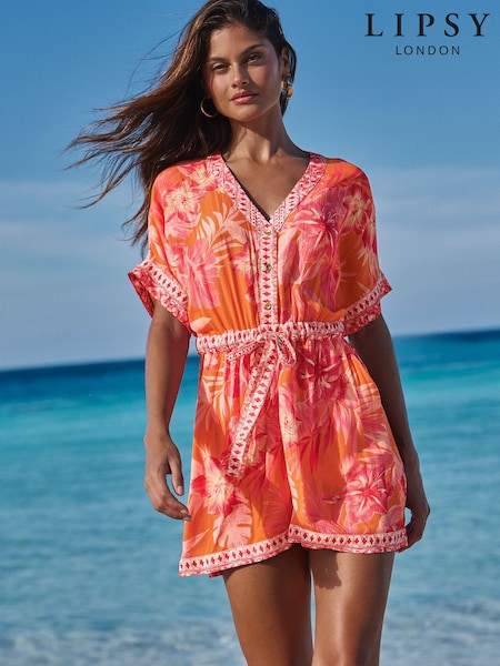 Lipsy Orange Orange Kimono Sleeve Crinkle Floral Playsuit (Y11166) | 295 SAR