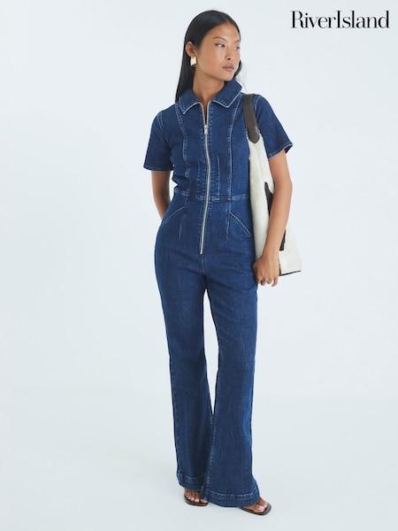 River Island Blue Petite Seamed Zip Denim Jumpsuit (Y11248) | €87